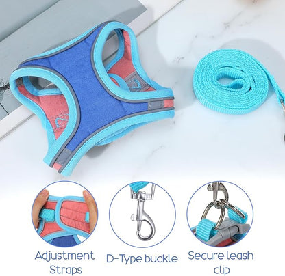 Adjustable Bunny Harness and Leash Set, Double Buckles Breathable Mesh Rabbit Vest with Reflective Strips, Escape Proof Small Pet Walking Training Gear for Rabbits, Kittens, Ferrets, Guinea Pigs (S)