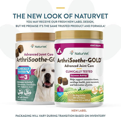 NaturVet ArthriSoothe-Gold Level 3 Advanced Joint Care for Dogs – Soft Chew Dog Supplement with Glucosamine, MSM, Chondroitin & Hyaluronic Acid – Wheat-Free Pet Supplements – 180 Ct.