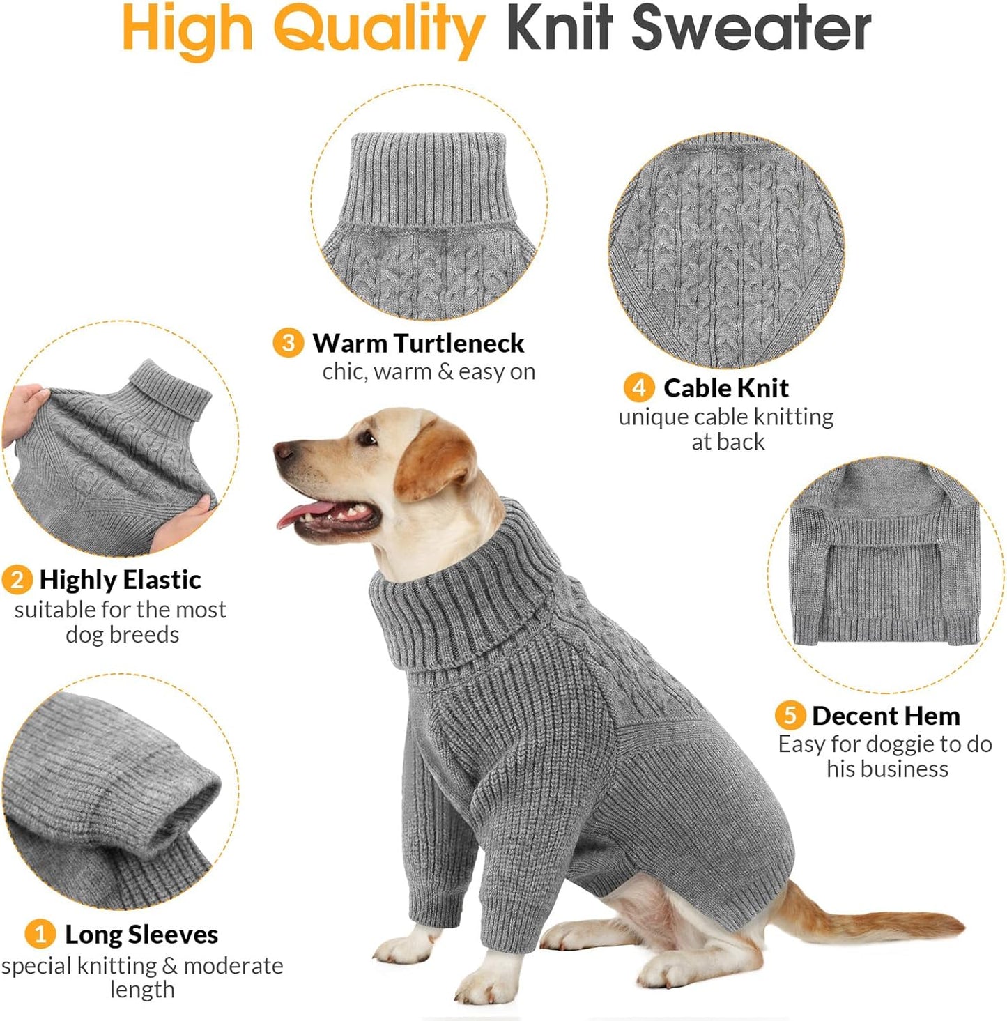 Queenmore XL Dog Sweater,Large Sized Dog Sweater for Male/Female,Soft Warm Turtleneck Pullover Knitwear for Boy/Girl Doggies,Winter Dog Coat for Golden Retriever/Border Collie - Grey,XL