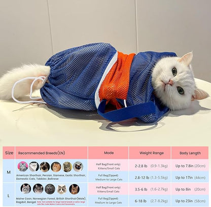 Cinf Cat Bathing Bag, Breathable Mesh Anti Scratch Adjustable Cat Grooming Bag for Nail Trimming, Bathing Soft Cat Washing Bag(Orange Blue) M