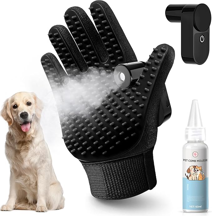 Pet Hair Remover Glove - Cat＆Dog Brush,Gentle Deshedding Efficient - Perfect for Dogs, Cats, Rabbits & Horses with Long/Short/Curly Hair,Includes Sprayer＆Waterless Shampoo(Right Hand, 1 Piece, Black)