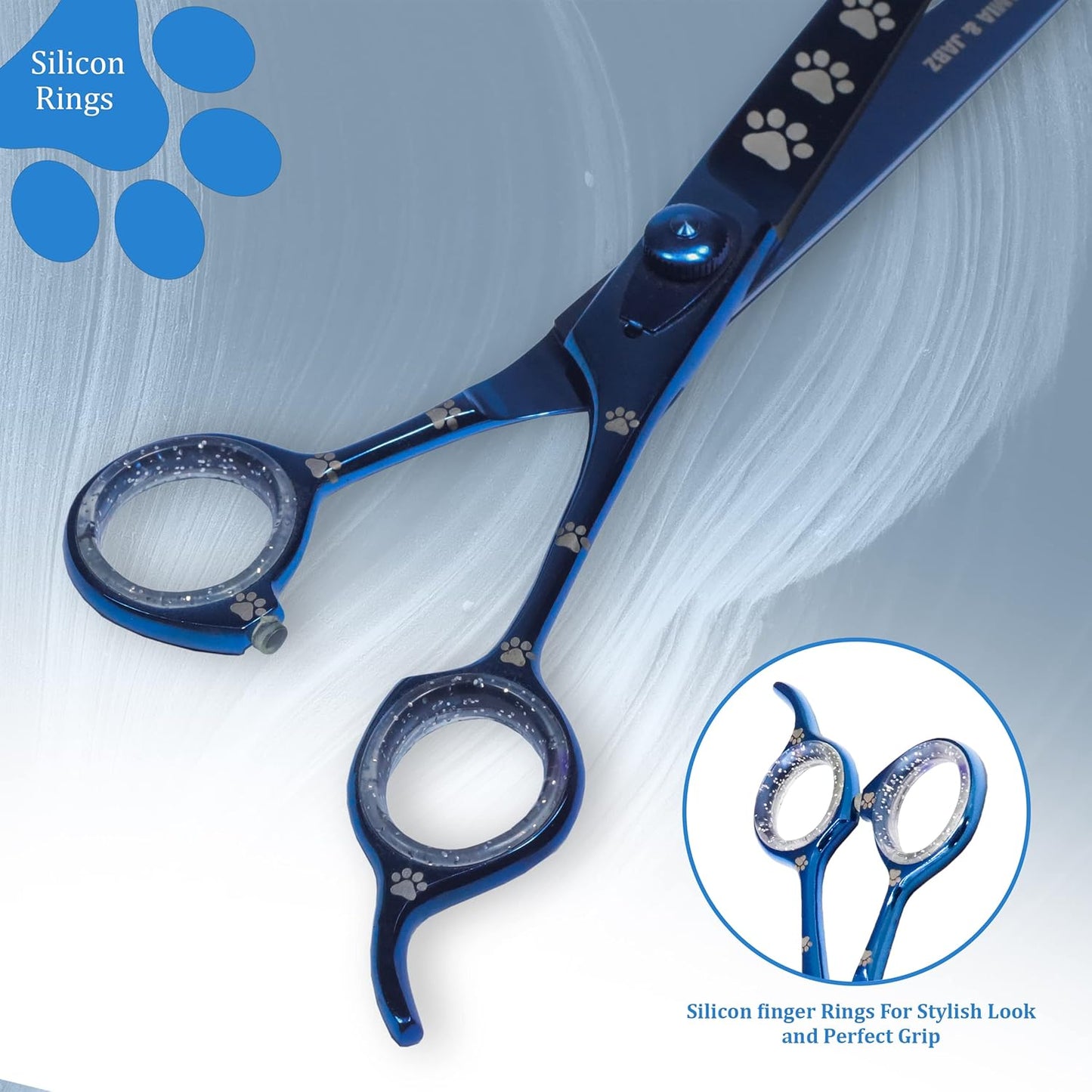 Professional Dog Grooming Scissors/Shears, Straight, with Paw Prints for Dogs, Cats & Pets (Right Handed, Blue, Stainless Steel 8 Inch)