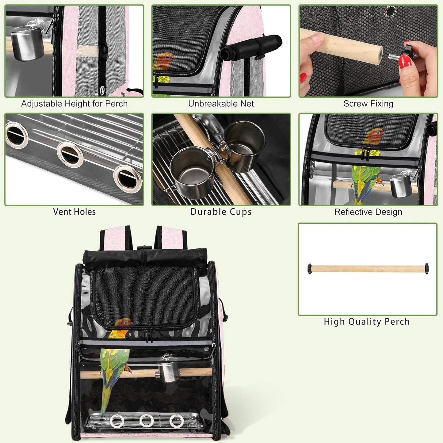 Sanmoncare Bird Carrier Backpack with Stainless Steel Mesh, Parrot Travel Cage with Stand, Easy to Clean, Portable Conures Travel Bag, Pet Breathable Travel Cage