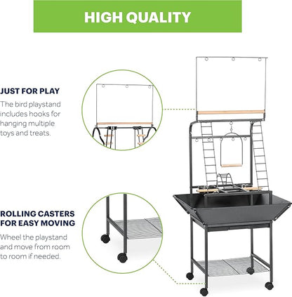 Prevue Pet Products Small Parrot Playstand with Wheels, Bird Stand Activity Play Center with Perches and Ladders, Indoor Outdoor Playground for Birds with Swing, Black Hammertone Finish