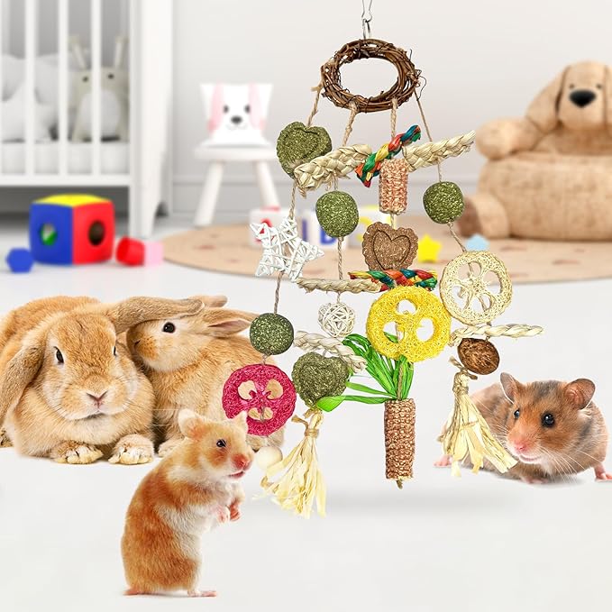 Bunny Chew Toy, Rabbits Cage Hanging Chew Toys and Treats Rattan Ring with Snacks Water Grass Wooden Block Carrot for Guinea Pigs Chinchillas Hamsters Rats and Other Small Pets Teeth Grinding