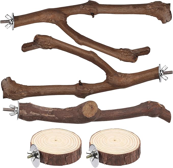 Mogoko 5PCS Bird Perch Natural Wood Grape Stick Stand, 3 Grape Stick Paw Grinding Fork Parakeet Chewing Stick 2 Parrot Stand Branch, Chewing Exercise Branches Bird Cage Accessories