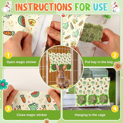 UPINS 2 Hay Bag for Rabbits 3-Hole Hanging Hay Feeder Guinea Pig Hay Bags, Hay Feeder for Rabbits Chinchillas Hamsters Small Pets and Animals