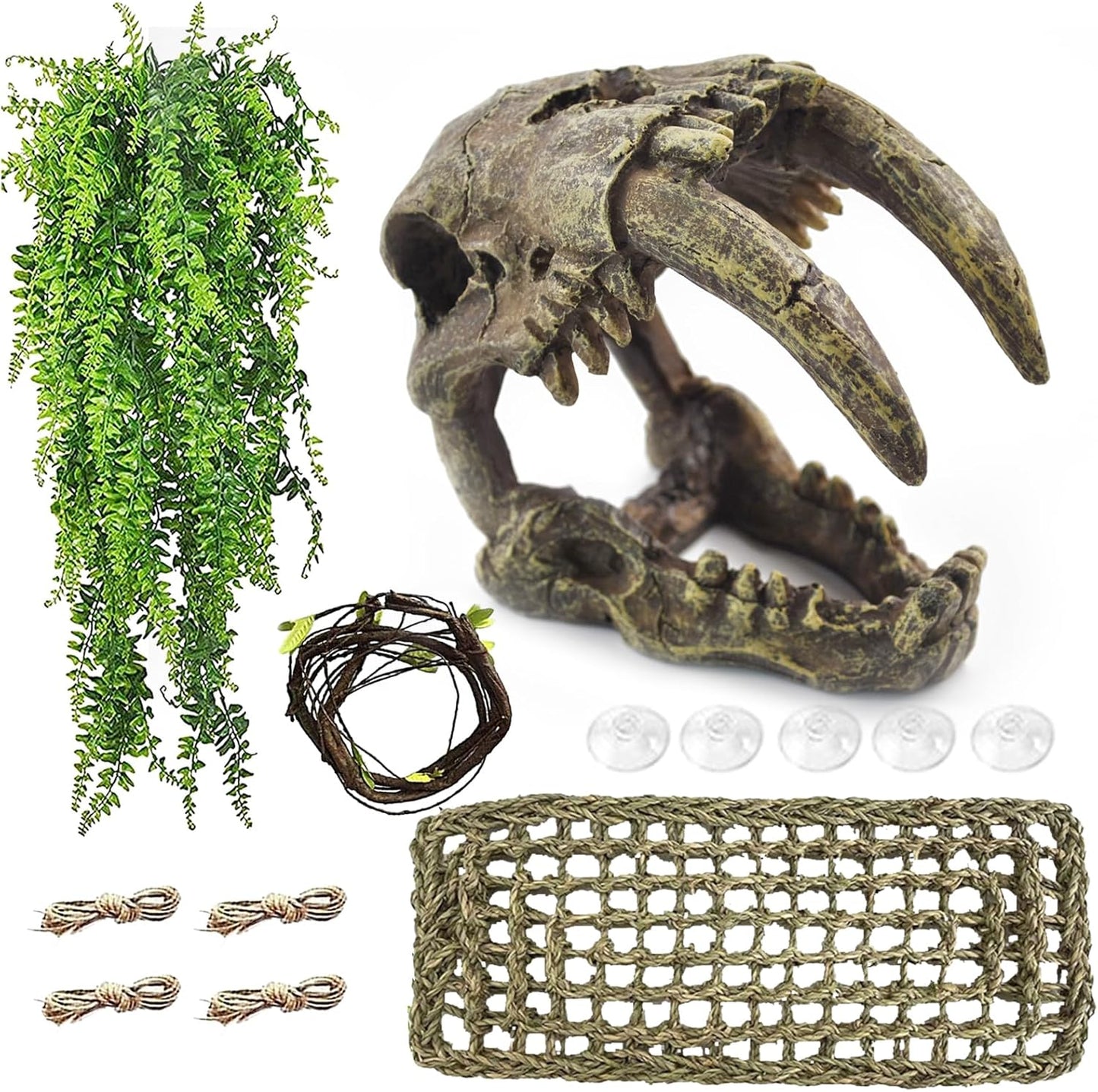 Resin Skull Habitat Hideout Cave Decor Reptile Hammock Lizard Lounger Bearded Dragon Tank Accessories Reptiles Hanging Vine Bendable Jungle Climbing Plant Terrarium Decoration(4PCS)