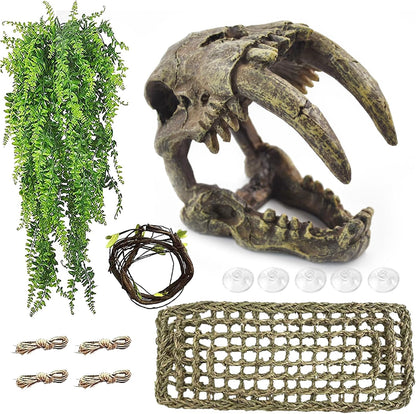 Resin Skull Habitat Hideout Cave Decor Reptile Hammock Lizard Lounger Bearded Dragon Tank Accessories Reptiles Hanging Vine Bendable Jungle Climbing Plant Terrarium Decoration(4PCS)