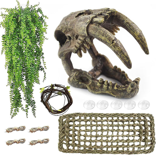 Resin Skull Habitat Hideout Cave Decor Reptile Hammock Lizard Lounger Bearded Dragon Tank Accessories Reptiles Hanging Vine Bendable Jungle Climbing Plant Terrarium Decoration(4PCS)