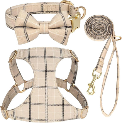 Beirui Cute Extra Small Dog Harness Collar and Leash Set with Bowtie, Soft Adjustable Plaid Puppy Harness for Small Sized Dogs Cats Walks Parties and Photoshoots(Beige,XXS:Chest 12-14")