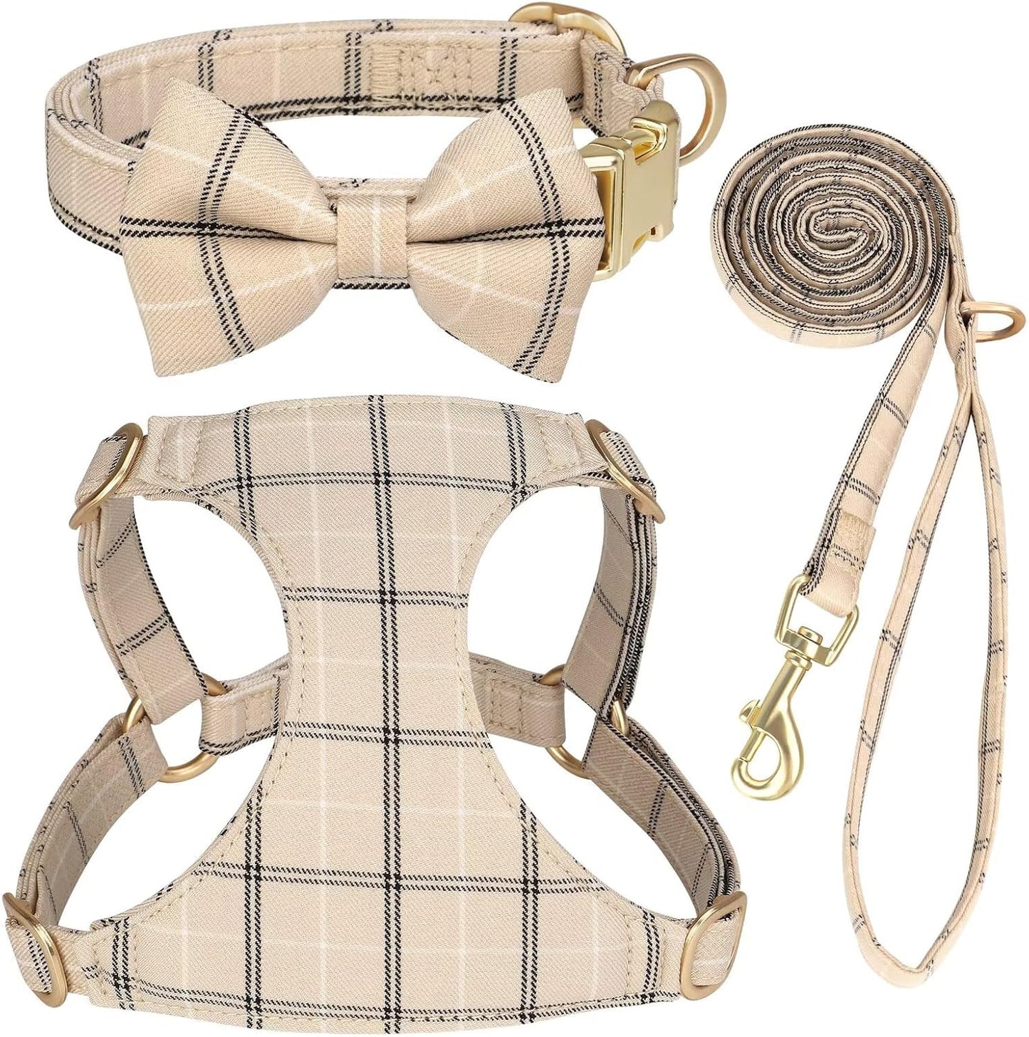 Beirui Cute Extra Small Dog Harness Collar and Leash Set with Bowtie, Soft Adjustable Plaid Puppy Harness for Small Sized Dogs Cats Walks Parties and Photoshoots(Beige,XS:Chest 13-18")