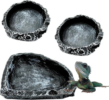 Reptile Water Dish Food Bowl, 3 Pack Reptile Feeding Terrarium Bowls for Bearded Dragon Lizard Frog Gecko Tortoise Hermit Crab Snail (Black)