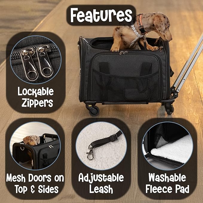 Pet Carrier with Wheels | Delta American Frontier Airline Approved | Two Expandable Sides, Storage Pockets Adjustable Leash | Rolling Dog and Cat Carrier TSA Compliant (Light Grey 17x12.5x11)