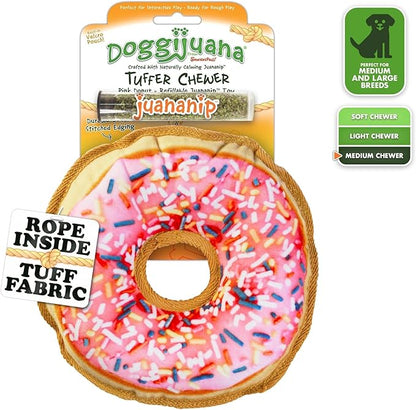Doggijuana Tuffer Chewer Plush Dog Toy | Funny Dog Toy Plush with Juananip Catnip for Dogs | Calming Aid for Dogs | Interactive Squeaky Chew Toy for Play (Sprinkled Donut)