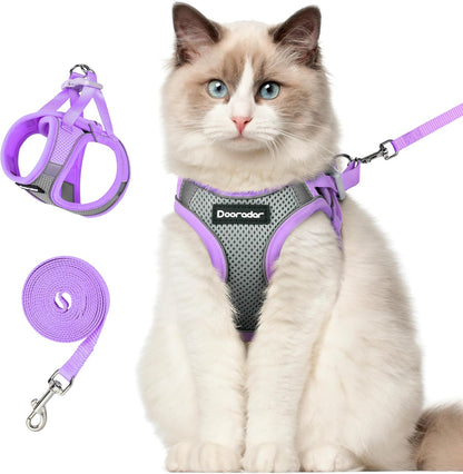 Dooradar Cat Harness and Leash Set, Escape Proof Lightweight Kitten Harness, Soft Breathable Reflective Vest for Outdoor Walking Traveling, Adjustable for Large Cats, Grey & Purple, L