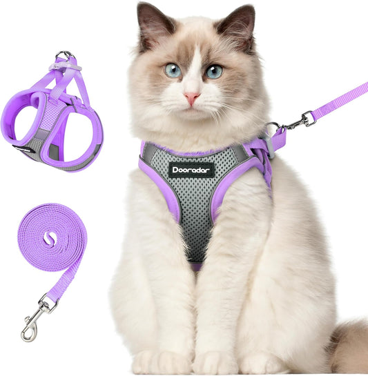 Dooradar Cat Harness and Leash Set, Escape Proof Lightweight Kitten Harness, Soft Breathable Reflective Vest for Outdoor Walking Traveling, Adjustable for Large Cats, Grey & Purple, L