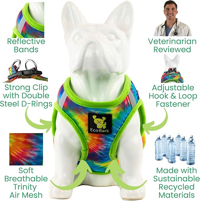 EcoBark Teacup Dog Harness - Luxury Step in Mesh Dog Harnesses in Tie Dye Print - Soft & Secure Wrap Around Body Halter Vest