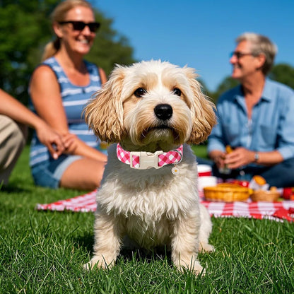 DOGWONG Pink Plaid Dog Collar, Pink Dog Collar Adjustable Soft Natural Fabric Girl Pet Dog Collars Cute Puppy Necklace for Small Medium Large Dogs