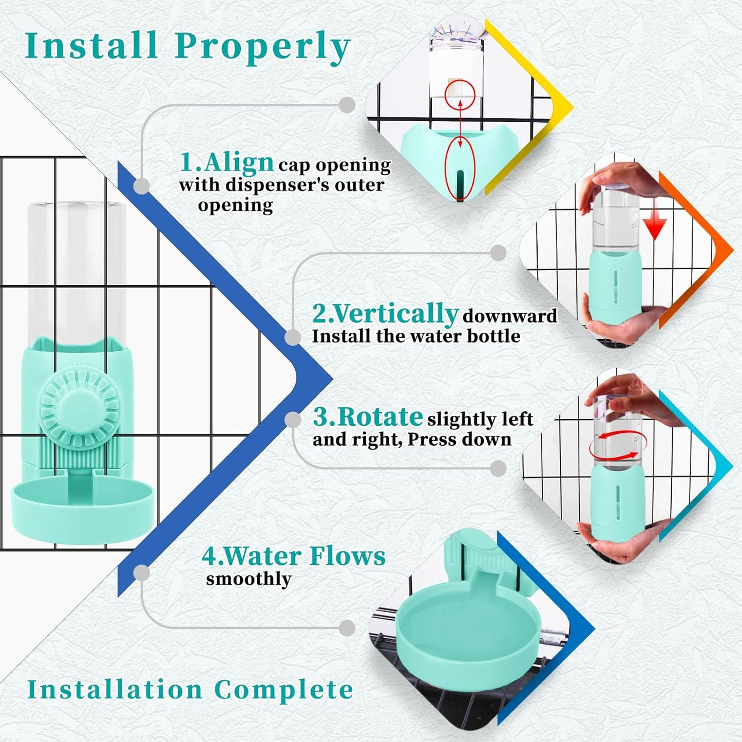 Hanging Pet Water Dispenser,17oz Rabbit Guinea Pig Water Bottle, Water Bowl for Cats Dogs Ferret Small Animals (Blue)