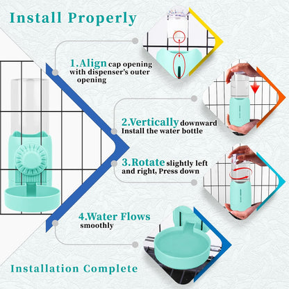 Hanging Pet Water Dispenser,17oz Rabbit Guinea Pig Water Bottle, Water Bowl for Cats Dogs Ferret Small Animals (Blue)