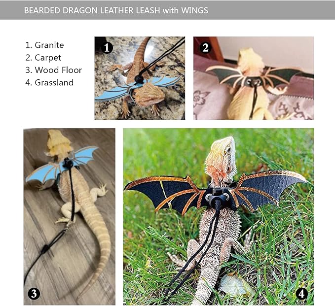 Bearded Dragon Leash and Harness Set, Beardie Carrier, Lizard Adjustable Harness with Leather Wings and Sling Bag, Reptile Small Pet Backpack Batwing Accessories (Leopard Pattern)