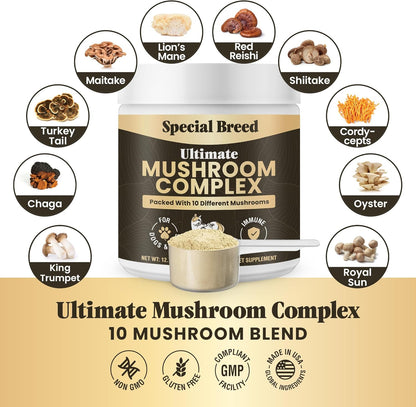 Mushroom Powder for Dogs & Cats - Organic Mushroom Complex for Immunity Support, Immune Function, Cognition, Vitality - Ten Mushroom Supplement with Turkey Tail, Lion's Mane, Reishi - 720 Scoops