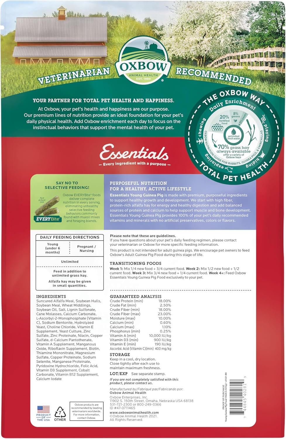 Oxbow Essentials Young Guinea Pig Food, Guinea Pig Pellets Made with Timothy Hay, Stabilized Vitamin C, Small Animal Pet Products, Small Animal Food Made in USA, High Fiber, 10 lb. Bag