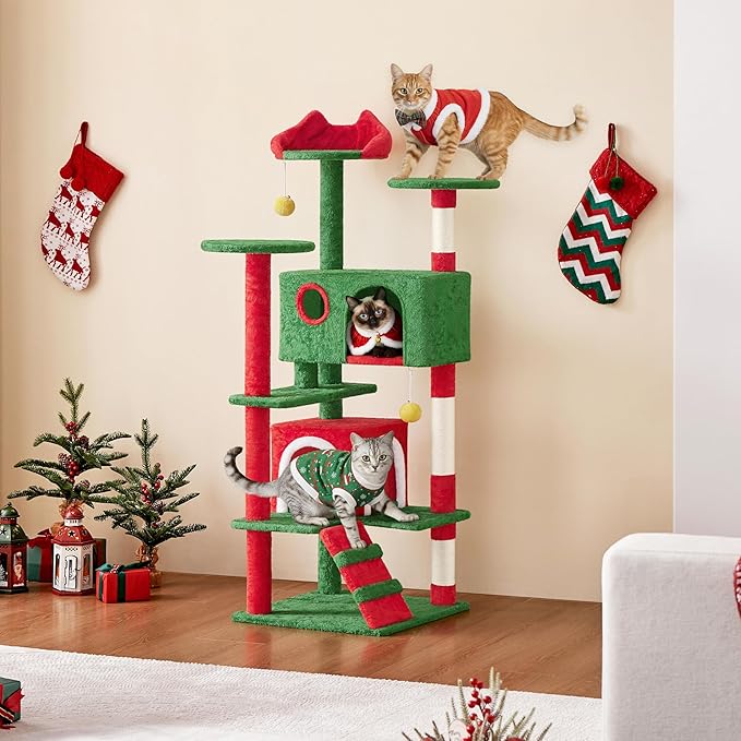 Yaheetech 54in Christmas Cat Tree, Multi-Level Cat Tower with Spacious Kitten-Ear Perch, 2 Cozy Caves, Scratching Posts, Climbing Ladder, 2 Plush Balls for Indoor Kittens, Red/Green