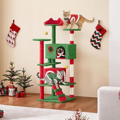 Yaheetech 54in Christmas Cat Tree, Multi-Level Cat Tower with Spacious Kitten-Ear Perch, 2 Cozy Caves, Scratching Posts, Climbing Ladder, 2 Plush Balls for Indoor Kittens, Red/Green