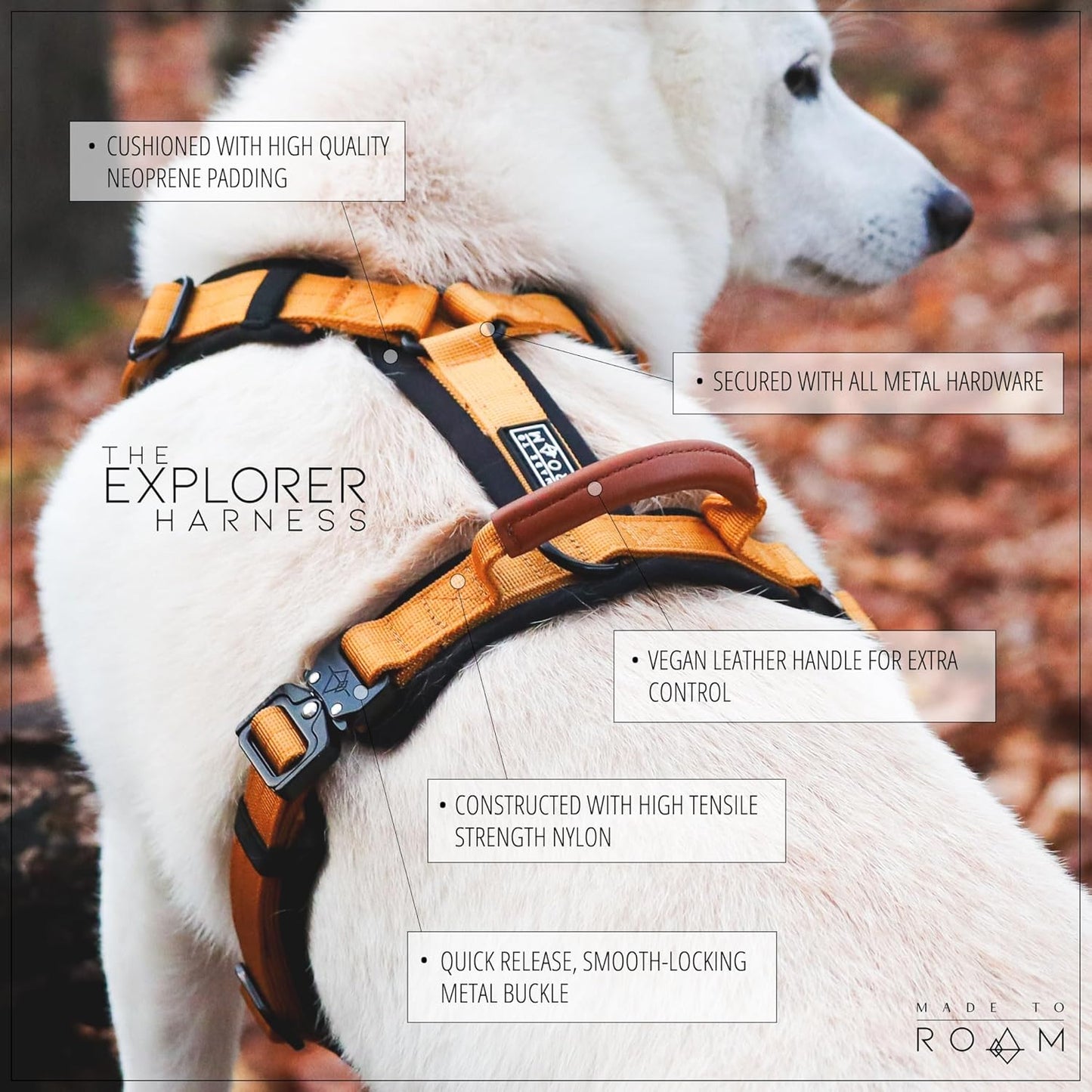 MADE TO ROAM Premium Explorer Harness - Y-Shaped Dog Harness with Adjustable Durable Nylon, Soft Padding, Metal Buckles and Leather Handle for Small, Medium, Large Dogs (Arizona Heartbeat, Size 3)
