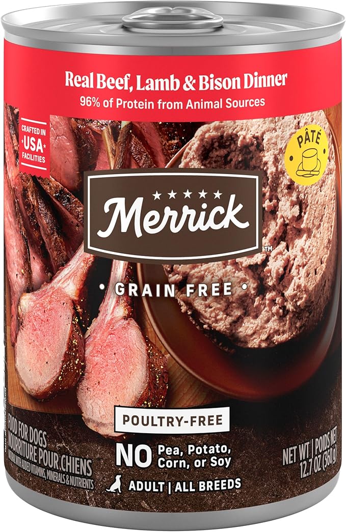 Merrick Grain Free Premium And Natural Canned Dog Food, Soft And Healthy Wet Recipe, Real Beef Lamb And Bison - (Pack of 12) 12.7 oz. Cans