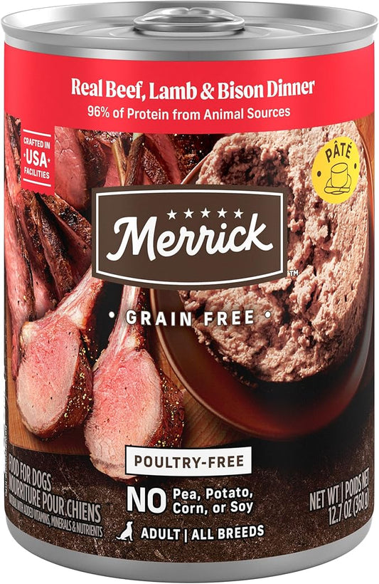 Merrick Grain Free Premium And Natural Canned Dog Food, Soft And Healthy Wet Recipe, Real Beef Lamb And Bison - (Pack of 12) 12.7 oz. Cans