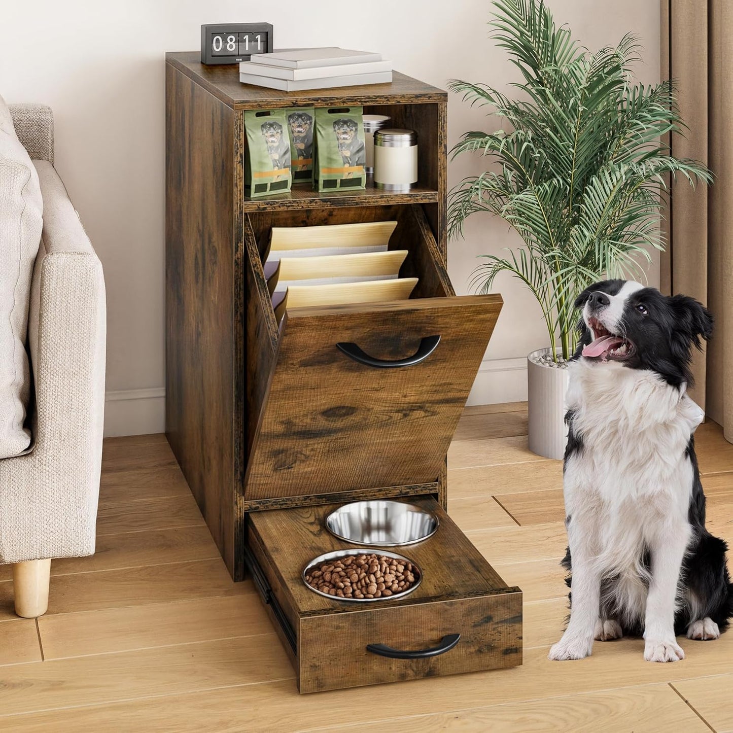 YITAHOME Dog Feeding Station with Storage, Dog Food Cabinet with 2 Feeder Bowls, Pull Out Elevated Dogs Bowl, Rustic Brown