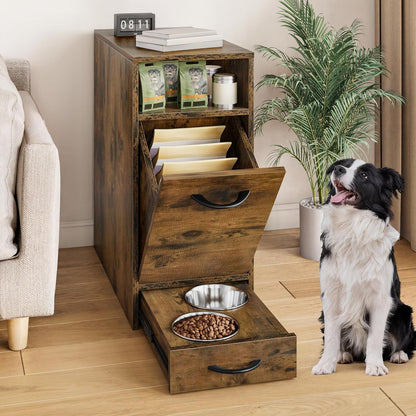 YITAHOME Dog Feeding Station with Storage, Dog Food Cabinet with 2 Feeder Bowls, Pull Out Elevated Dogs Bowl, Rustic Brown