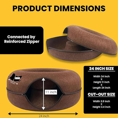 Laluz 2021 Large Cat Tunnel Bed for Indoor Cats Up to 30 Lbs Peekaboo Donut Cave with Catnip and Plush Toys Scratch Resistant Felt Design Detachable and Washable Cat Tunnel (Chocolate)