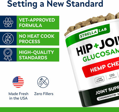 Advanced (Hemp+Glucosamine) Joint Treats for Dogs - Hip & Joint Supplement w/Chondroitin, Omega-3, MSM - Hemp Chews for Dogs Hip & Joint Pain Relief - Hip & Joint Care - Lamb Flavor - 120Ct
