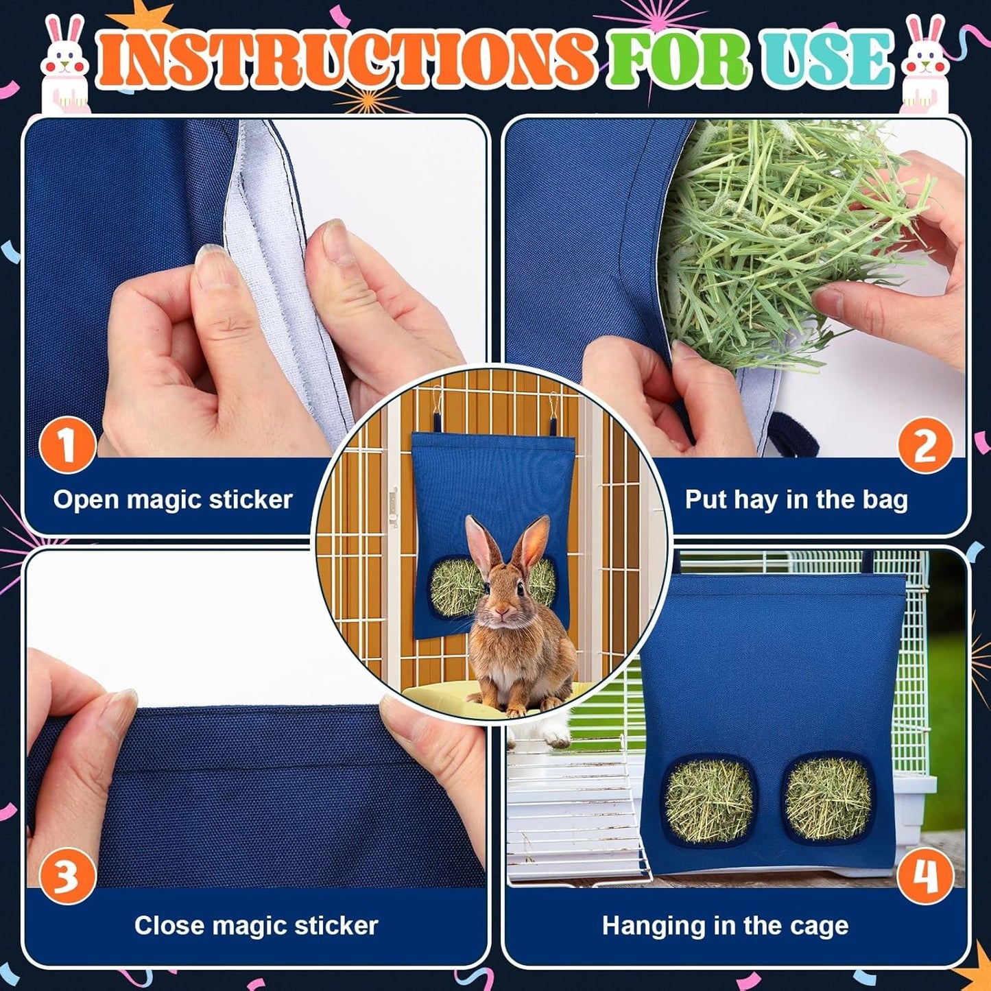 UPINS 2 Hay Bag for Rabbits 2-Hole Guinea Pig Hay Holder, Hay Feeder for Chinchillas Rabbits Hamsters Small Pets and Animals