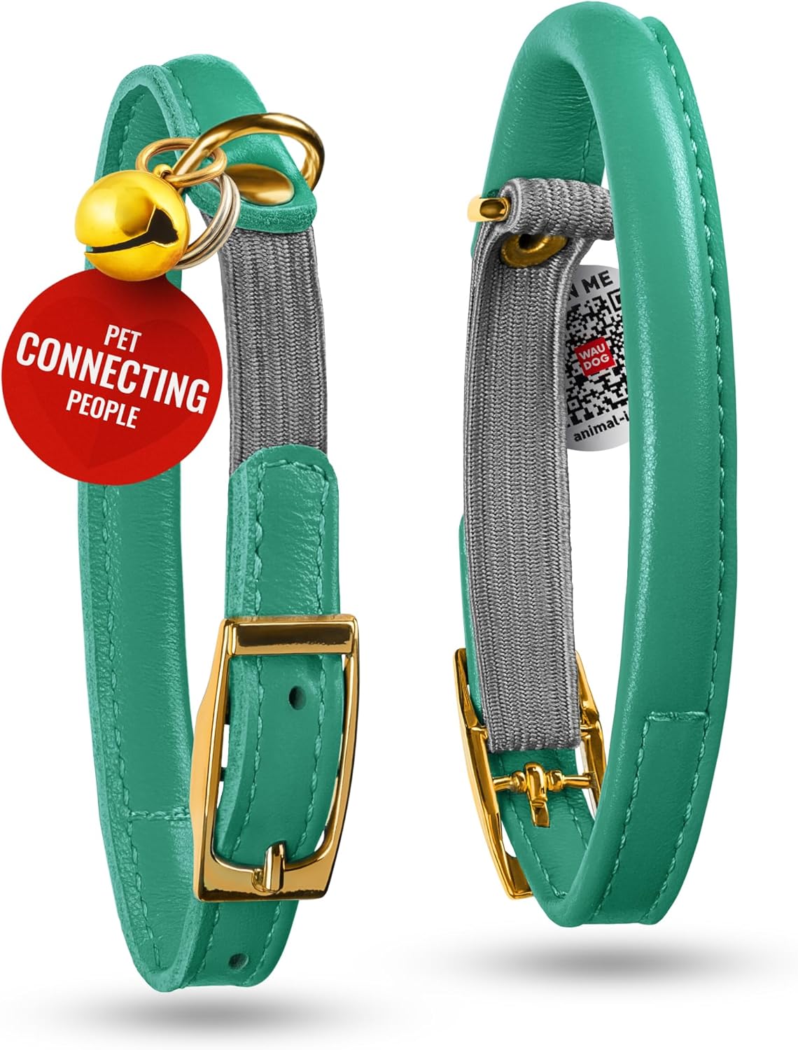 WAUDOG Ultra Soft Rolled Leather Cat Collar with Removable Bell, Safety Elastic Strap and QR ID Tag - Soft Padded for Small, Medium, and Large Cats - Round Kitten Collar for Male and Female Cats