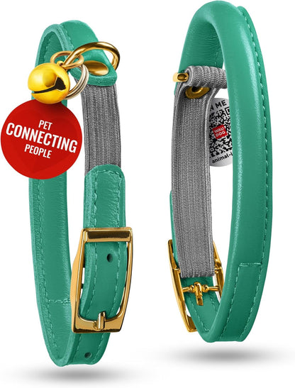 WAUDOG Ultra Soft Rolled Leather Cat Collar with Removable Bell, Safety Elastic Strap and QR ID Tag - Soft Padded for Small, Medium, and Large Cats - Round Kitten Collar for Male and Female Cats