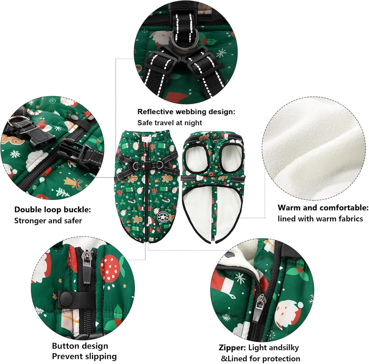 Aiboria Dog Jackets for Winter Windproof Waterproof Vest Fleece Warm Dogs Coat with Belt Christmas Green XL