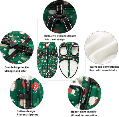 Aiboria Dog Jackets for Winter Windproof Waterproof Vest Fleece Warm Dogs Coat with Belt Christmas Green 3XL