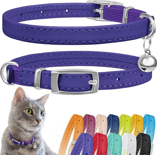 CollarDirect Leather Cat Collar with Bell - Kitten Collar, Small and Big Cat Strap for Boy Cats, Girl Cats with Safety Elastic Strap (Neck Fit 6"-7", Purple)
