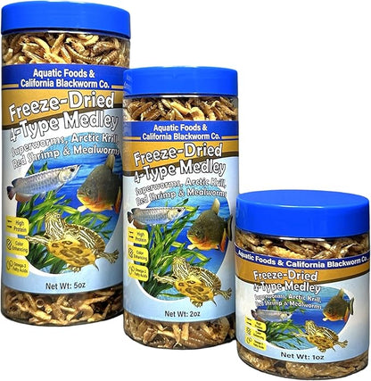 Aquatic Foods Inc. 4-Type Medley Mix of Freeze Dried Superworms, Krill, Red Shrimp, Mealworms for Monster Fish, Reptiles, Turtles, Tortoises, Frogs, Hamsters, Birds, Rodents 5oz Canister