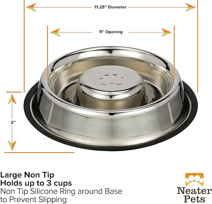 Neater Pet Brands Stainless Steel Slow Feed Bowl - Non-Tip & Non-Skid - Stops Dog Food Gulping, Bloat, Indigestion, and Rapid Eating (3 Cup)
