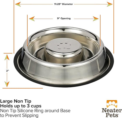 Neater Pet Brands Stainless Steel Slow Feed Bowl - Non-Tip & Non-Skid - Stops Dog Food Gulping, Bloat, Indigestion, and Rapid Eating (3 Cup)