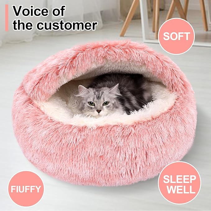 Calming Dog Beds & Cat Cave Bed with Hooded Cover,Removable Washable Round Beds for Small Medium Pets,Anti-Slip Faux Fur Fluffy Coved Bed for Improved Sleep,Fits up to 15/25 lbs(Bean Mush,S)