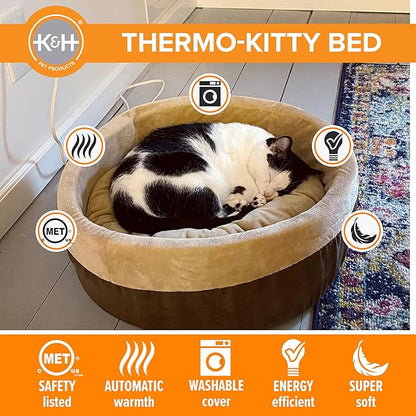 K&H Pet Products Thermo-Kitty Bed Heated Cat Beds for Large Indoor Cats & Dogs, Calming Warming Pillow Pet Bed, Machine Washable, Removable Heater, Safety Listed - Large 20" Round Mocha/Tan