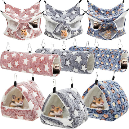 Abbylike 9 Pieces Rat Hammock 3 Tier Guinea Pig Ferret Hammocks Small Pet Hanging Tunnel Glider Toy Guinea Pig Ferret Hideout Bed Cage Accessories for Hamster(Navy,Grey,Pink,Star)