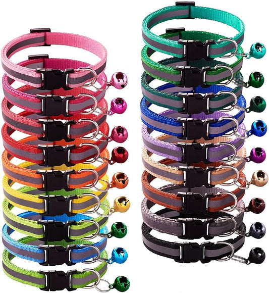 18Pcs Reflective Puppy Collars, Cat ID Collars with Bell Adjustable 19-32cm, Soft Nylon Adjustable Quick Release Identification Collars for Puppy Cat(Unbreakaway)